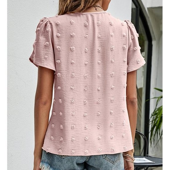 NWT LS | Pink Swiss Dot Pleated-Neck Puff-Sleeve Top - large - Picture 2 of 3
